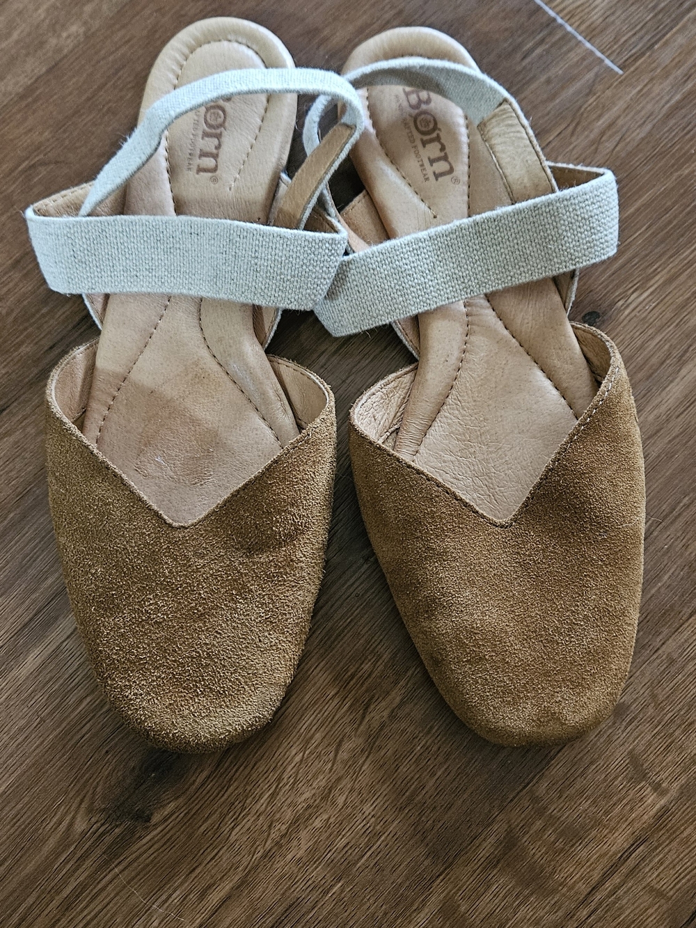 Born Women's Tan Suede Slingback Flats with Light Beige Strap
